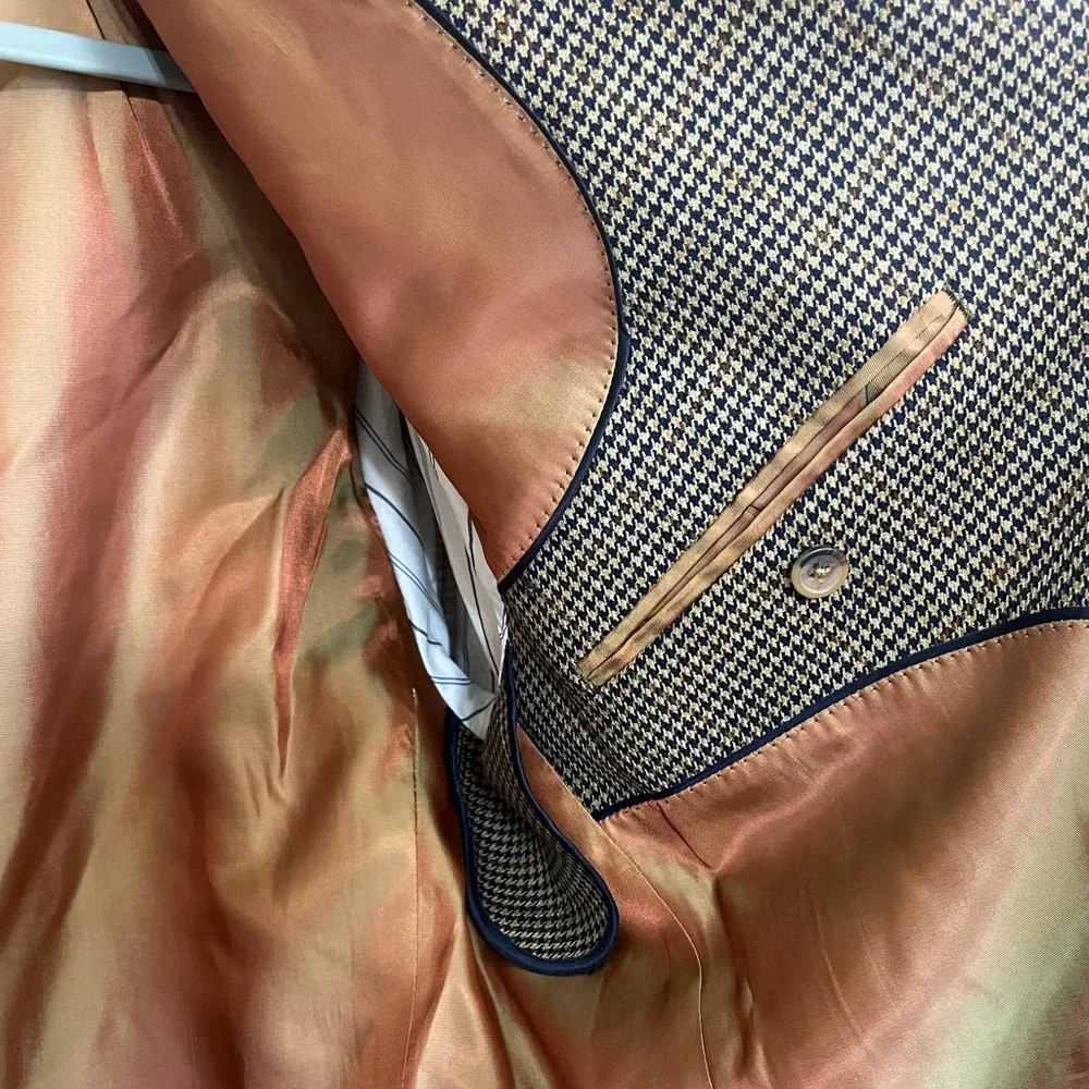 Alan Flusser Worsted Wool Houndstooth Blazer Jacket Sz 46R Tan/ Brown Academia